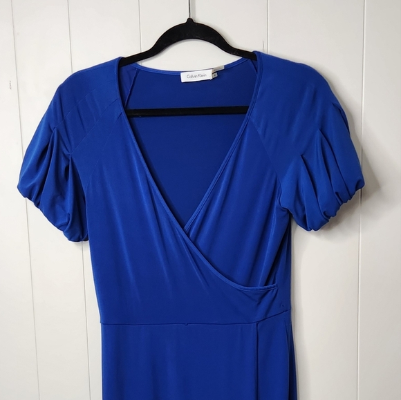 Calvin Klein Blue Short Sleeve Knee Length Dress Stretchy Wrap V-Neck Office - Picture 3 of 10